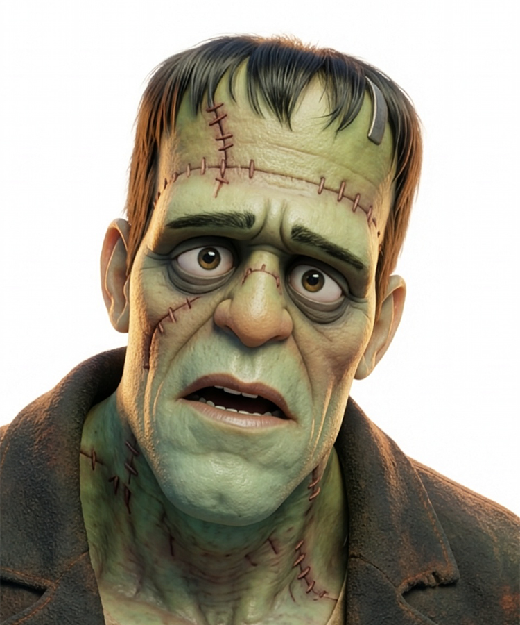 Close-up of a character with a greenish face and brown hair, wearing a brown coat.