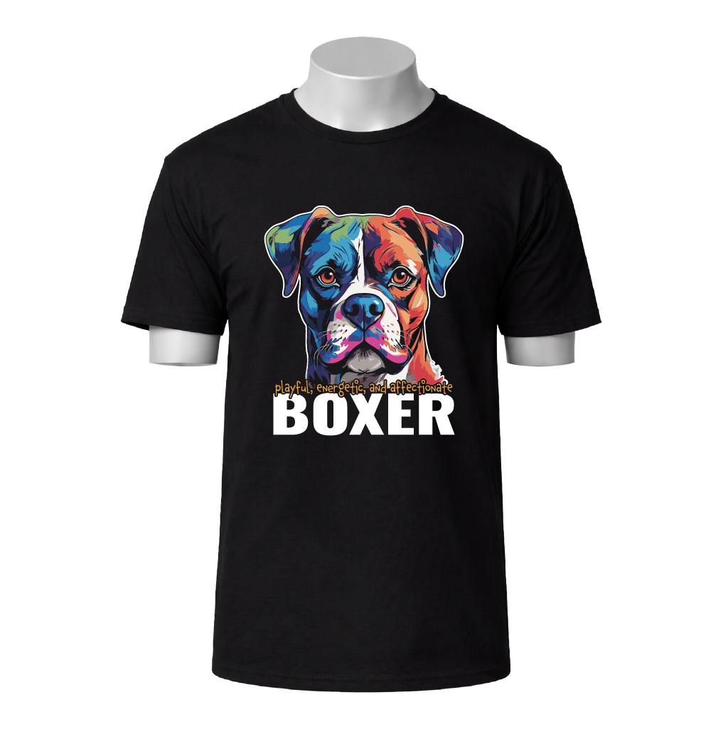 Black t-shirt with a colorful boxer dog graphic and text on a white background