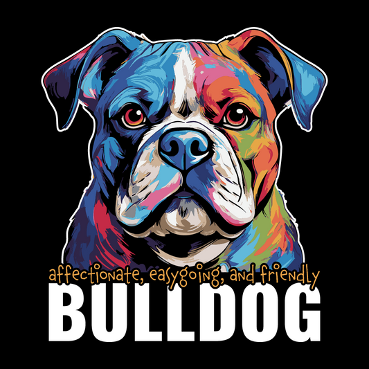 Colorful bulldog illustration with text on a black background