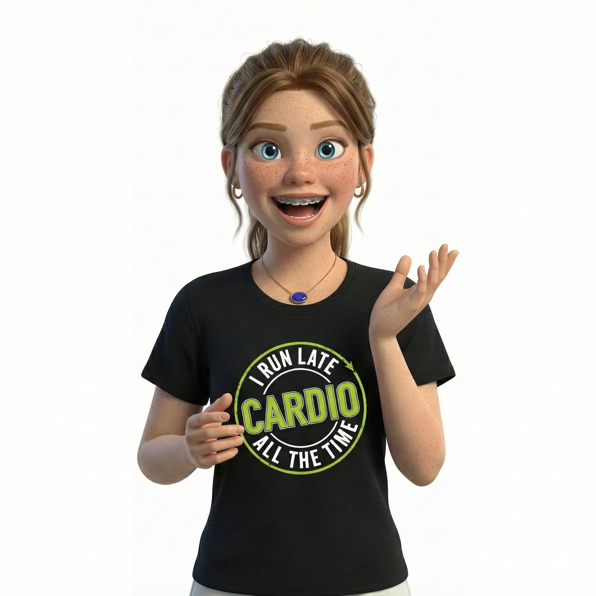 Animated character wearing a black t-shirt with 'I Run Late Cardio All The Time' text on a white background
