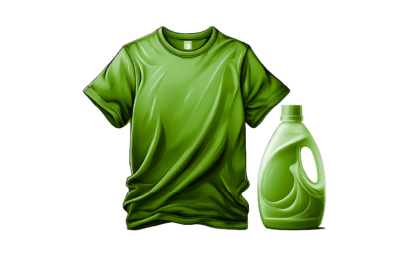 Green t-shirt and green laundry detergent bottle on a white background