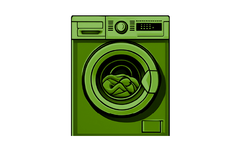 Green illustration of a washing machine with clothes inside on a white background