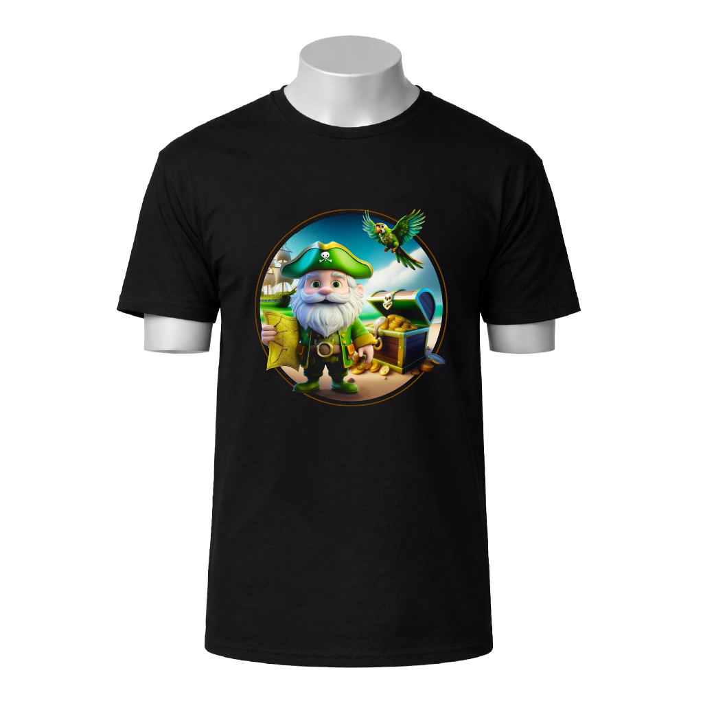 Black t-shirt with a cartoon gnome graphic on a white background