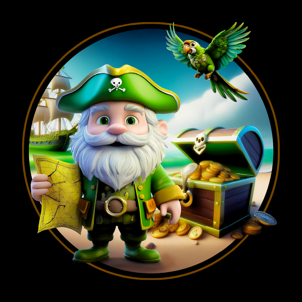 Animated gnome character with a parrot and treasure chest on a black background