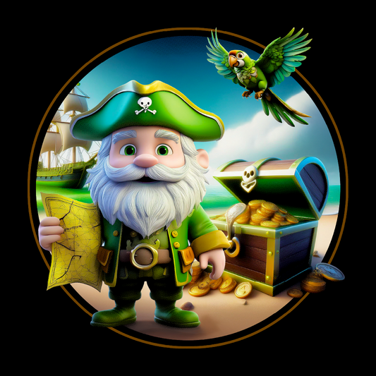 Animated gnome character with a parrot and treasure chest on a black background