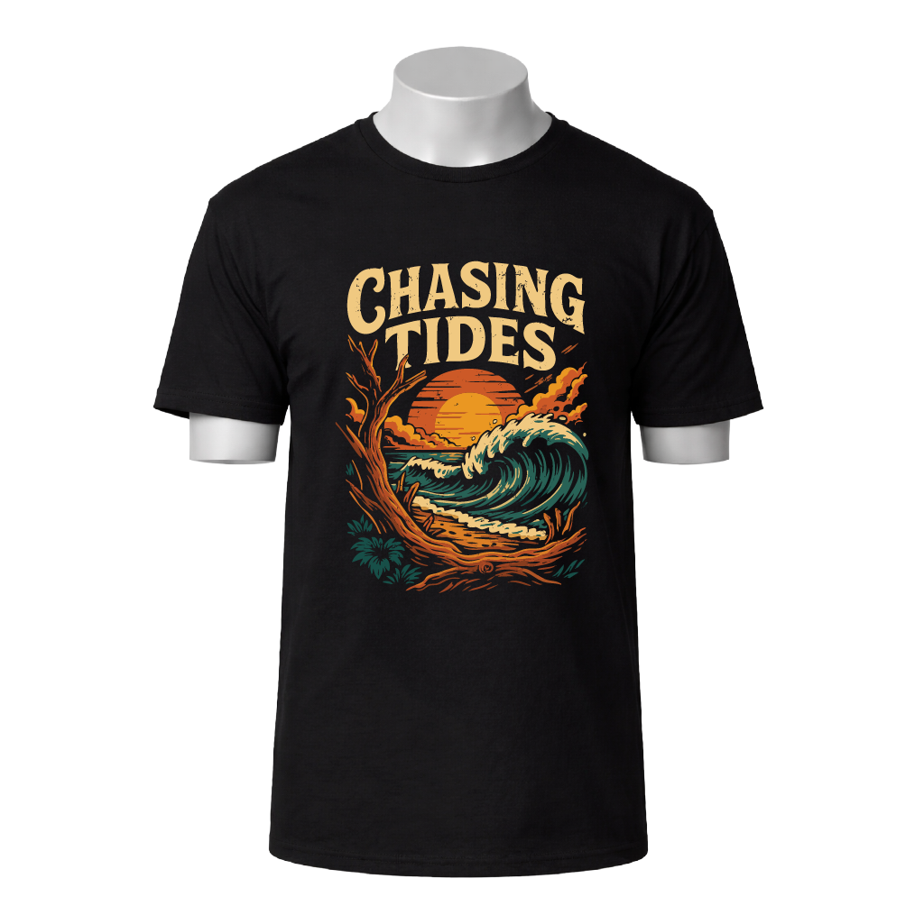 Black t-shirt with 'Chasing Tides' graphic design featuring a wave and sunset on a white background.