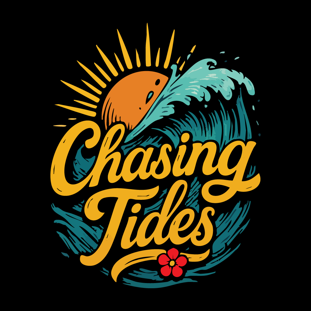 Logo with 'Chasing Tides' text, sun, wave, and flower on a black background