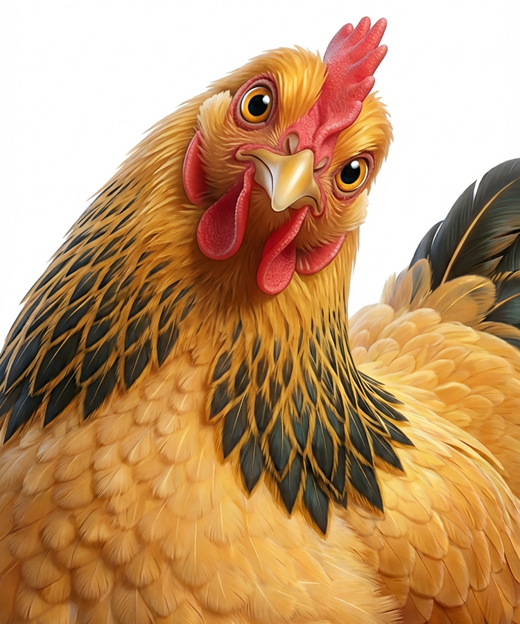 Close-up of a cartoon rooster with a surprised expression on a white background