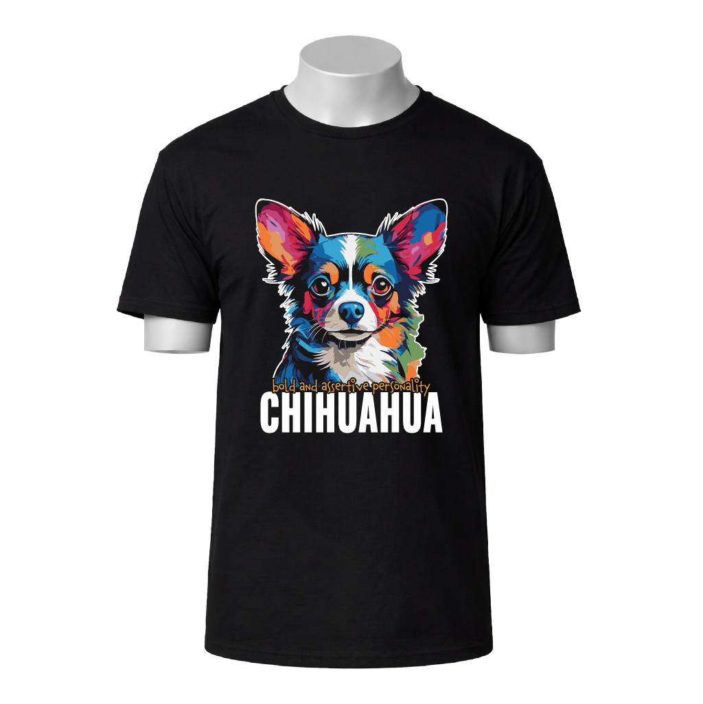 Black t-shirt with a colorful Chihuahua graphic and text on a white background