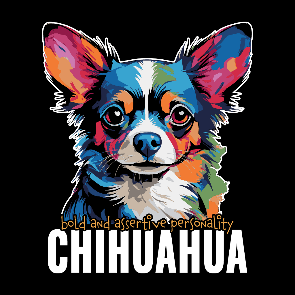 Colorful illustration of a Chihuahua with text on a black background