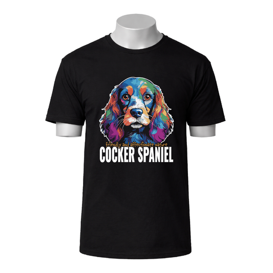 Black t-shirt with a colorful Cocker Spaniel graphic and text on a white background