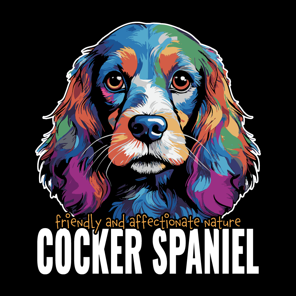 Colorful illustration of a Cocker Spaniel with text on a black background