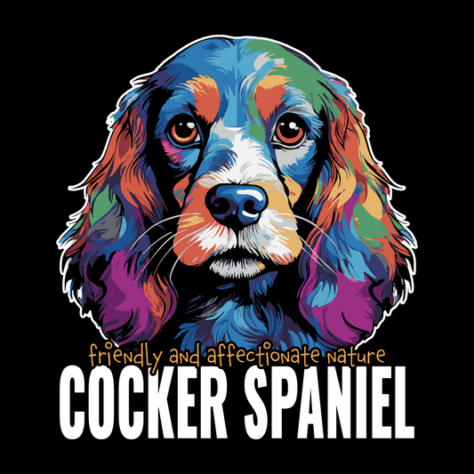 Colorful illustration of a Cocker Spaniel with text on a black background