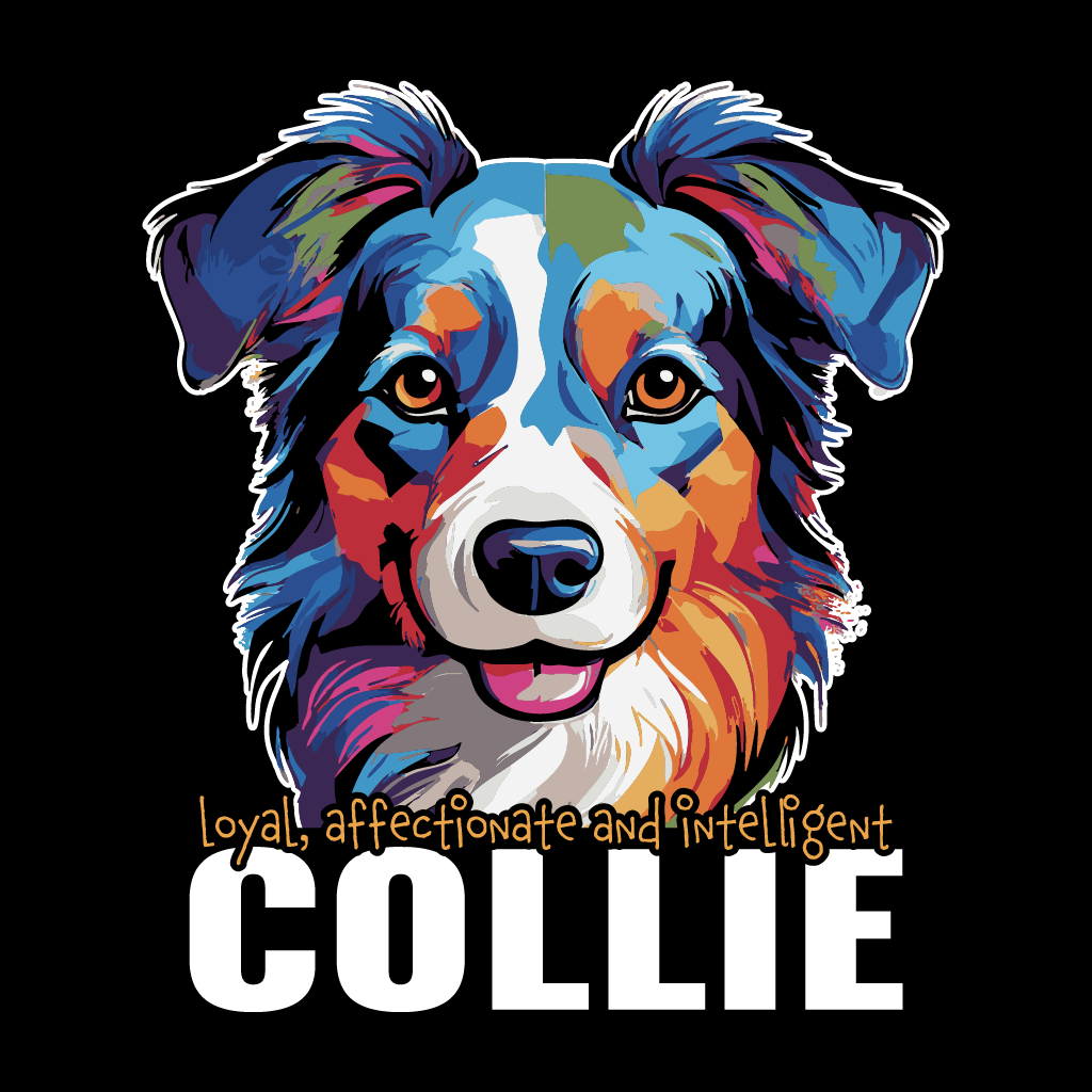 Colorful illustration of a collie dog with descriptive text on a black background