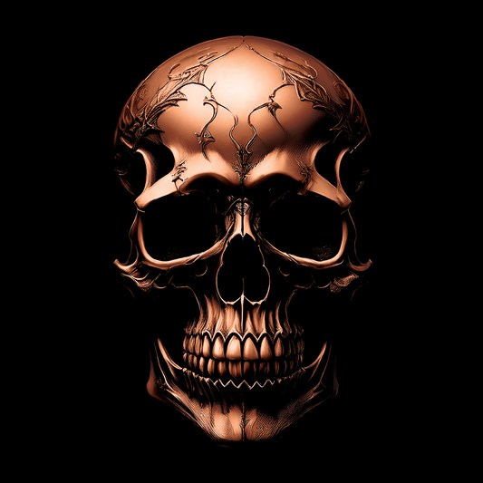 Bronze skull with intricate designs on a black background