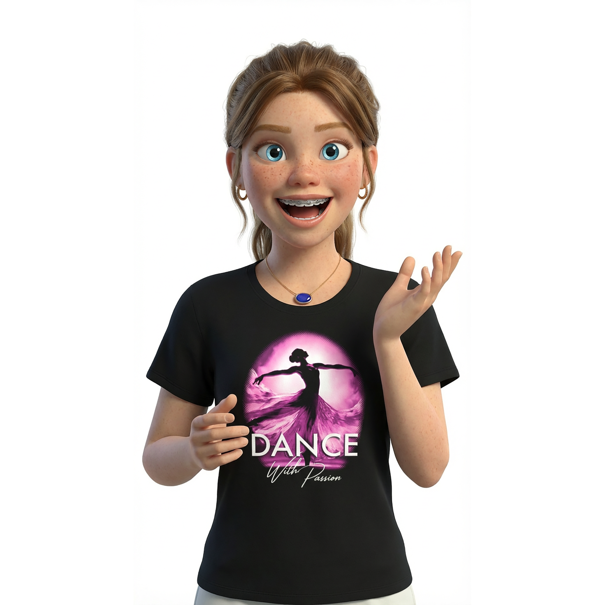 Person wearing a black t-shirt with a dancing girl design and 'Dance with Passion' text.