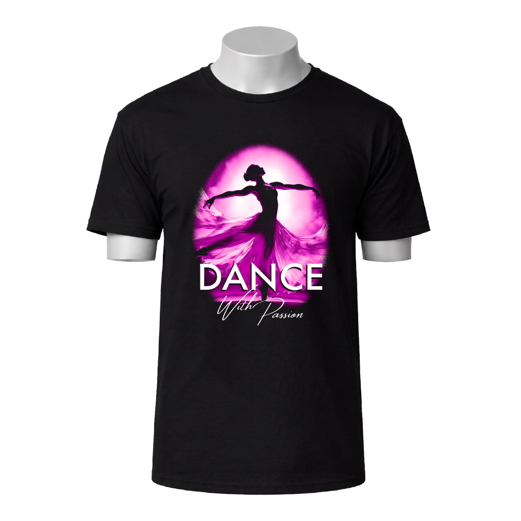 Black t-shirt with a pink and purple graphic of a dancer and 'Dance with Passion' text on a white background.