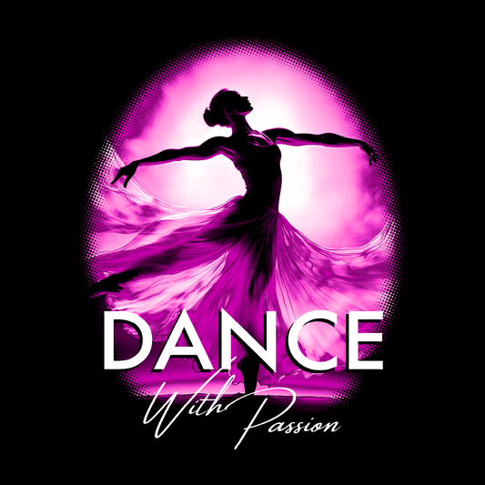 Silhouette of a dancer with a pink and purple gradient background and 'Dance With Passion' text.