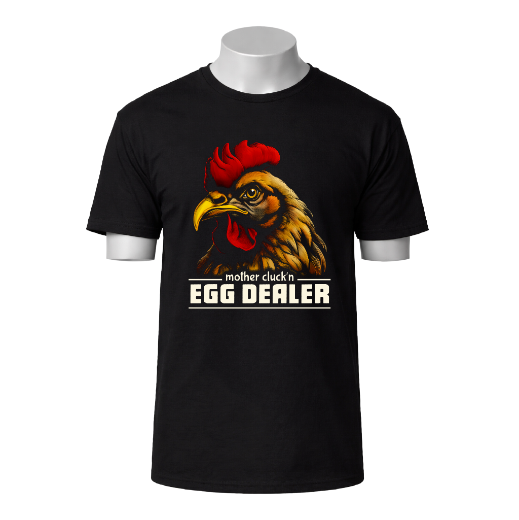 Black t-shirt with a rooster graphic and text on a white background