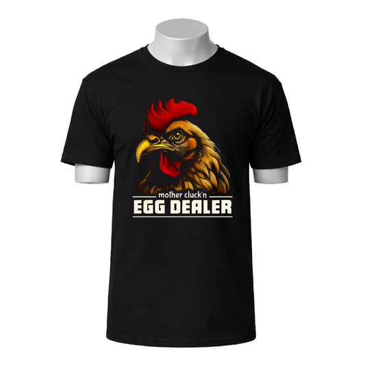 Black t-shirt with a rooster graphic and text on a white background
