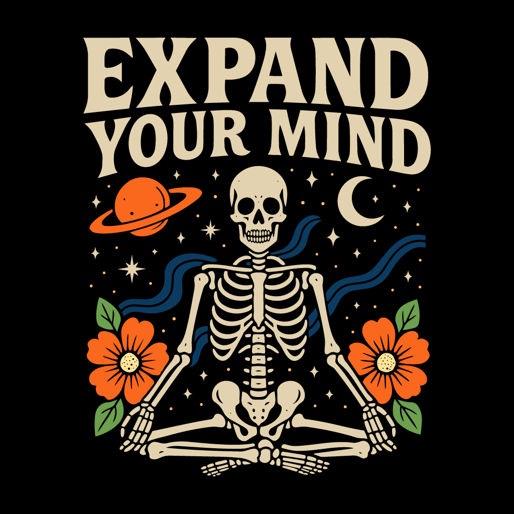 Meditating skeleton with 'Expand Your Mind' text and celestial elements on a black background