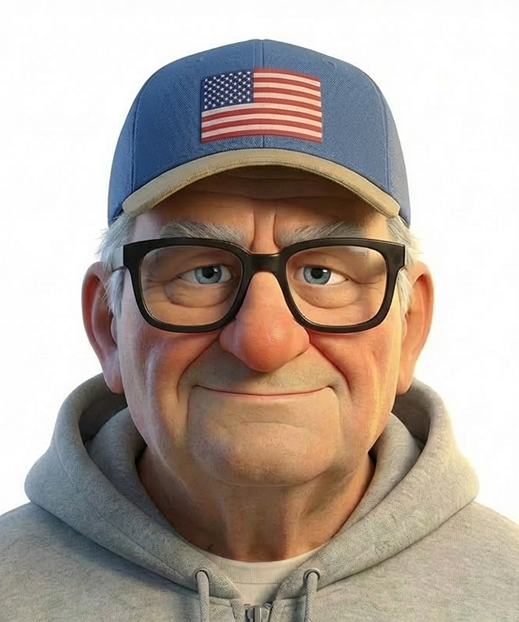Man wearing a blue cap with an American flag and a gray hoodie on a white background