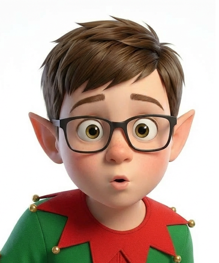 Animated character with elf ears and glasses on a white background