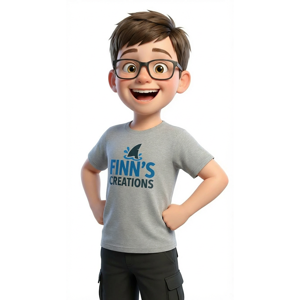 Animated character wearing a gray t-shirt with 'FINN'S CREATIONS' text on a white background
