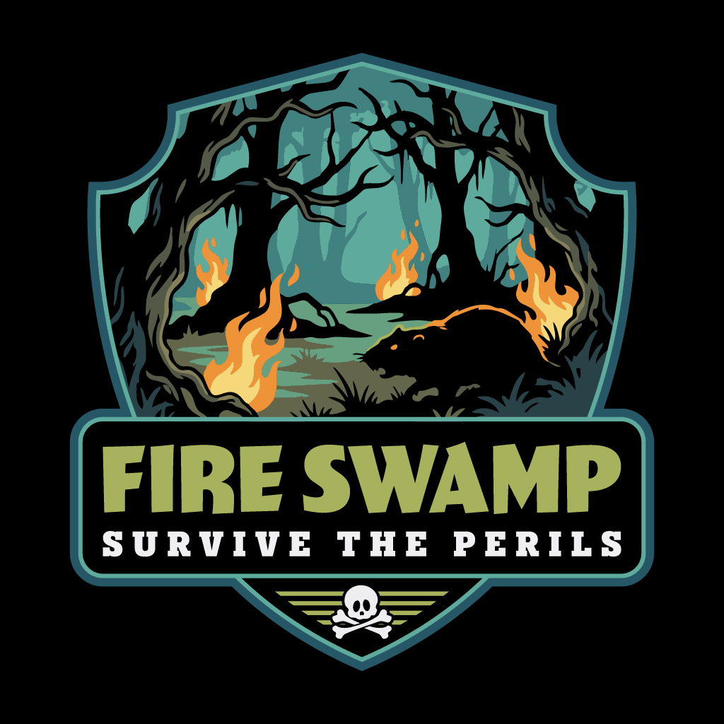 Logo of 'Fire Swamp' with a bear in a forest on fire, on a black background.