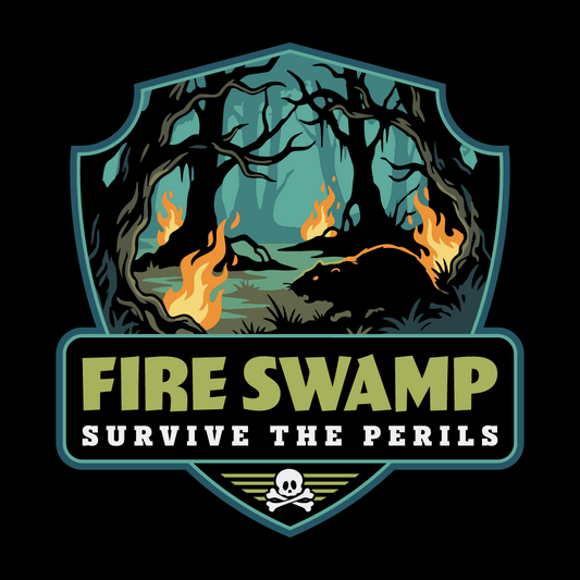 Logo of 'Fire Swamp' with a bear in a forest on fire, on a black background.