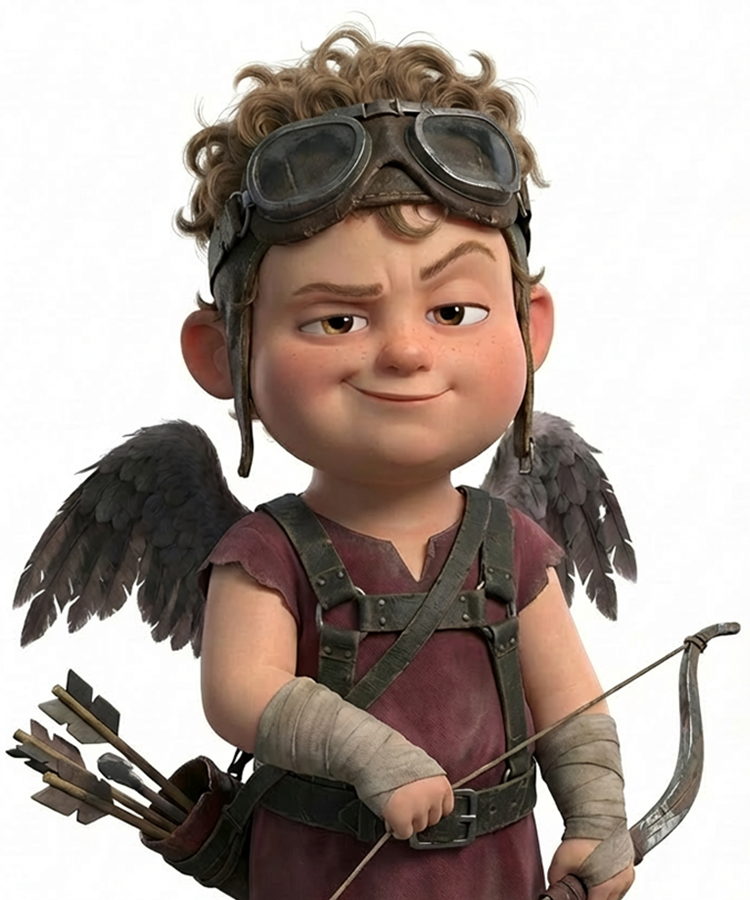 Animated character with wings and archery equipment on a white background