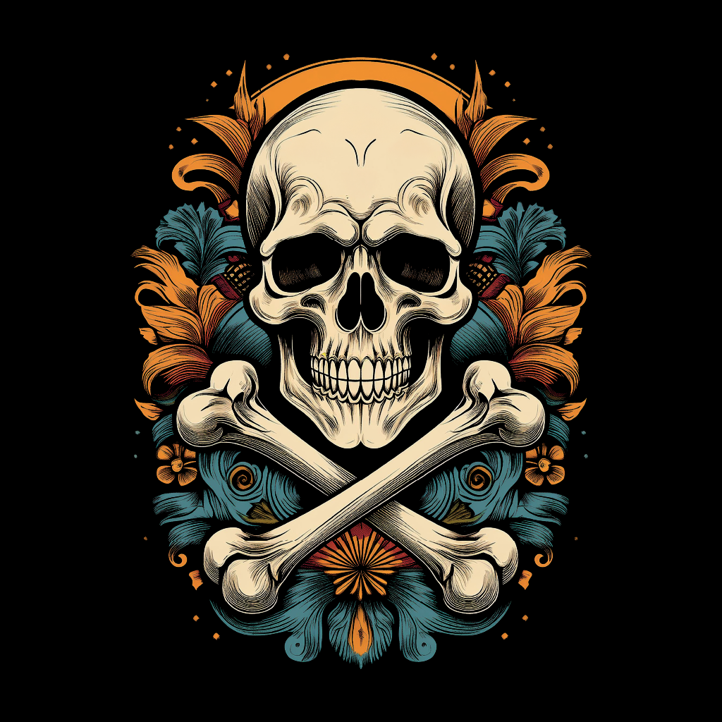 Decorative skull and crossbones design with floral elements on a black background