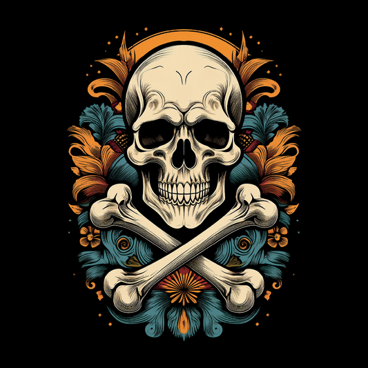 Decorative skull and crossbones design with floral elements on a black background