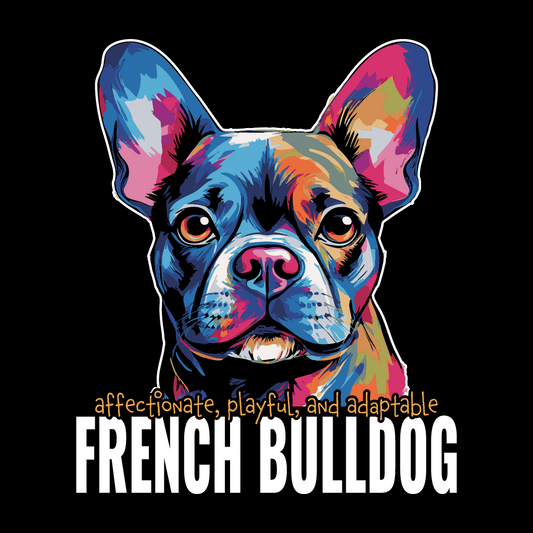 Colorful illustration of a French Bulldog with descriptive text on a black background