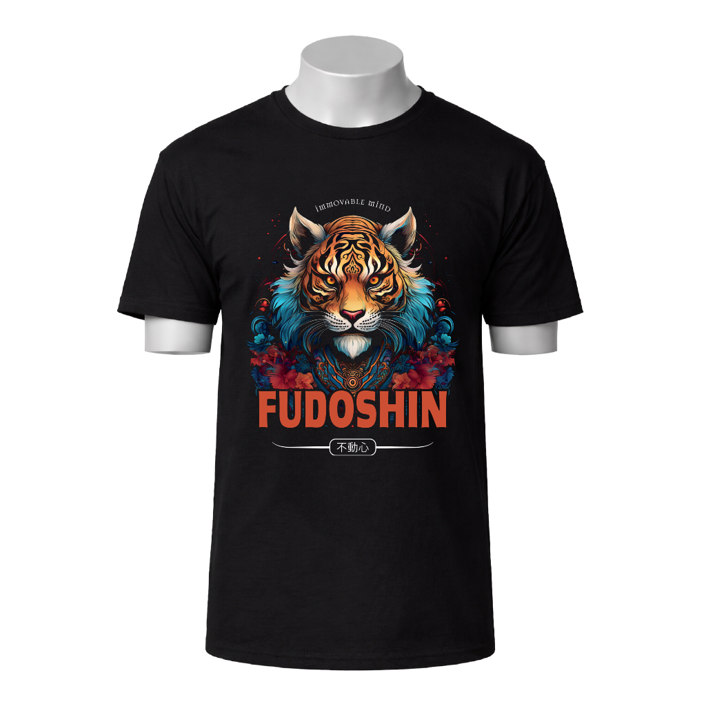 Black t-shirt with a colorful tiger graphic and 'FUDOSHIN' text on a white background