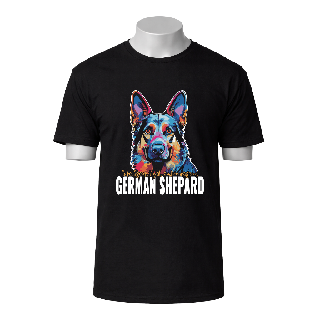 Black t-shirt with a colorful German Shepherd graphic and text on a white background