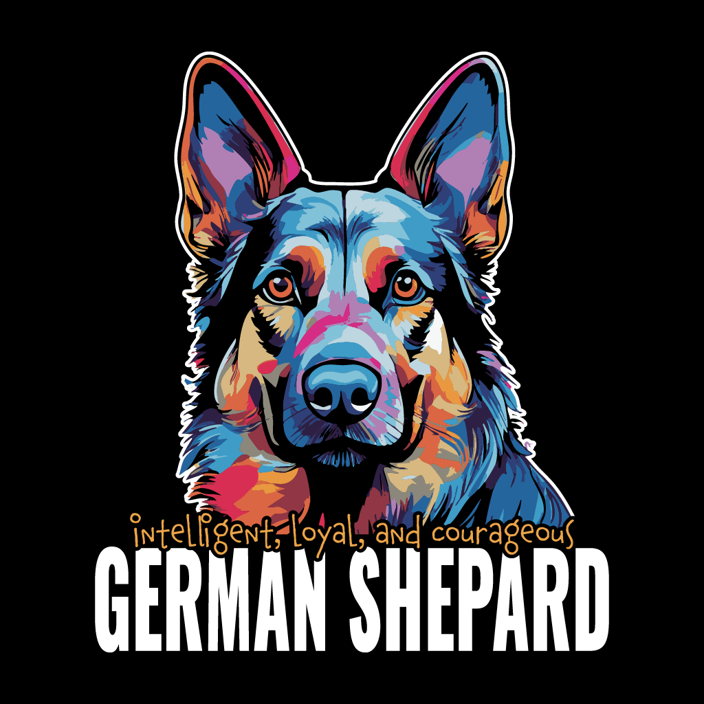Colorful illustration of a German Shepherd with descriptive text on a black background