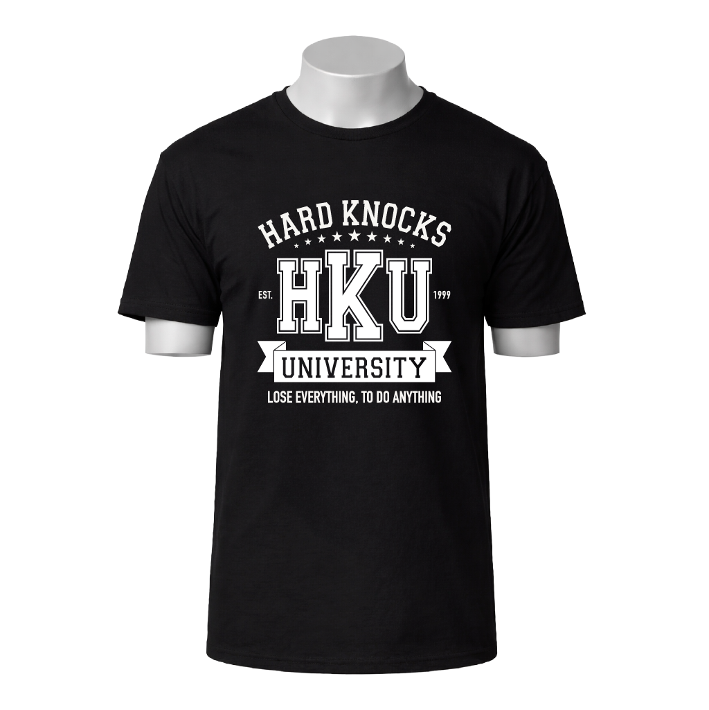 Black t-shirt with white text 'Hard Knocks HKU University' on a white background