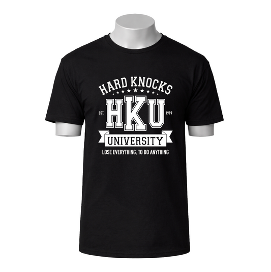 Black t-shirt with white text 'Hard Knocks HKU University' on a white background