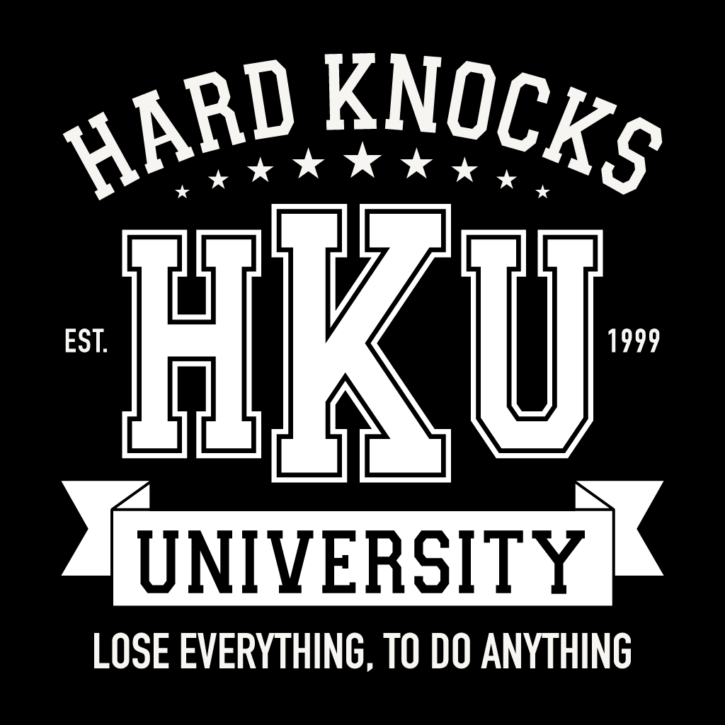 Black and white logo with 'Hard Knocks University' text on a black background