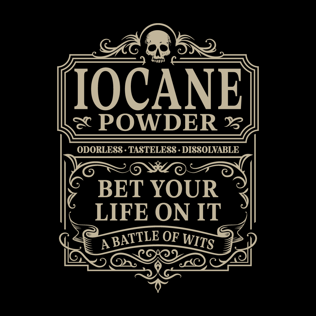 Iocane Powder label with skull design on a black background