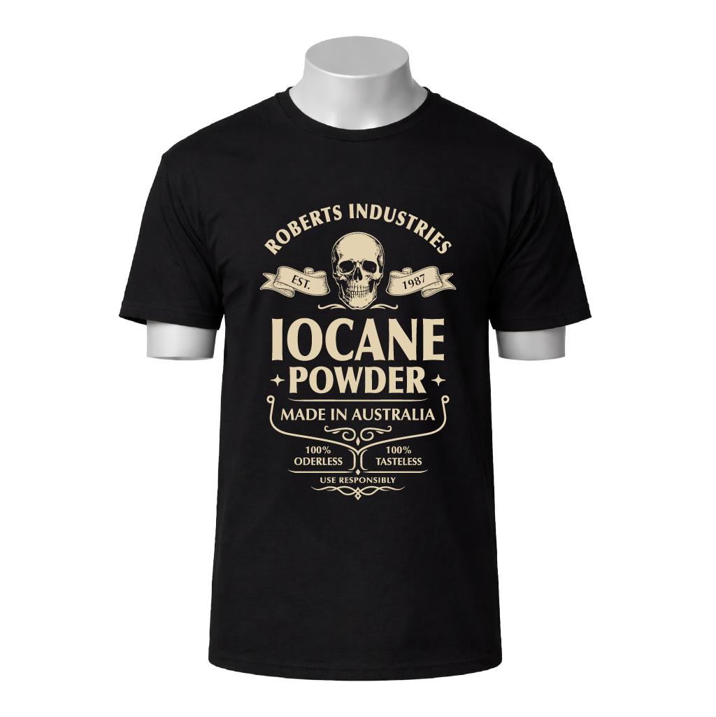 Black t-shirt with 'Roberts Industries Iocane Powder' graphic on a white background