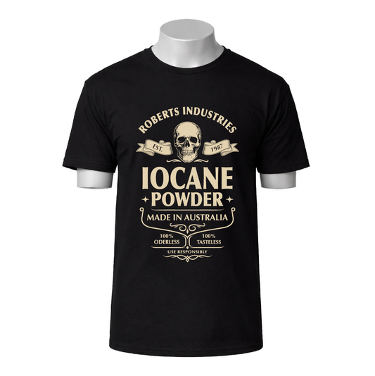 Black t-shirt with 'Roberts Industries Iocane Powder' graphic on a white background