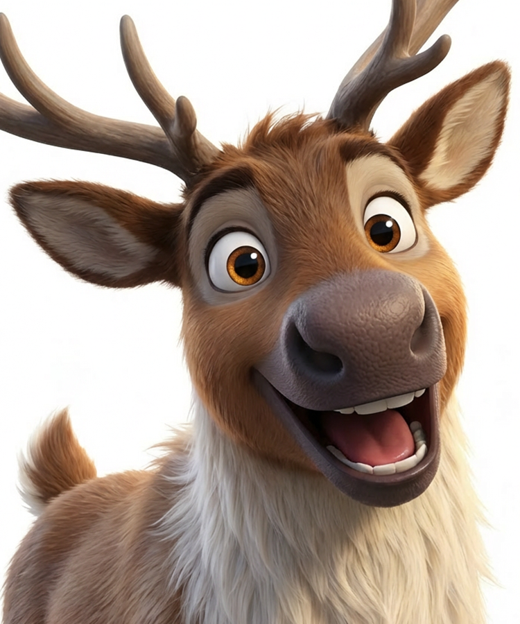 Cartoon reindeer with a happy expression on a white background