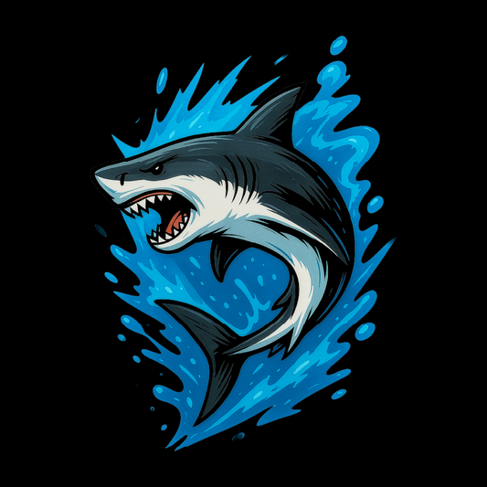 Shark illustration with blue splashes on a black background