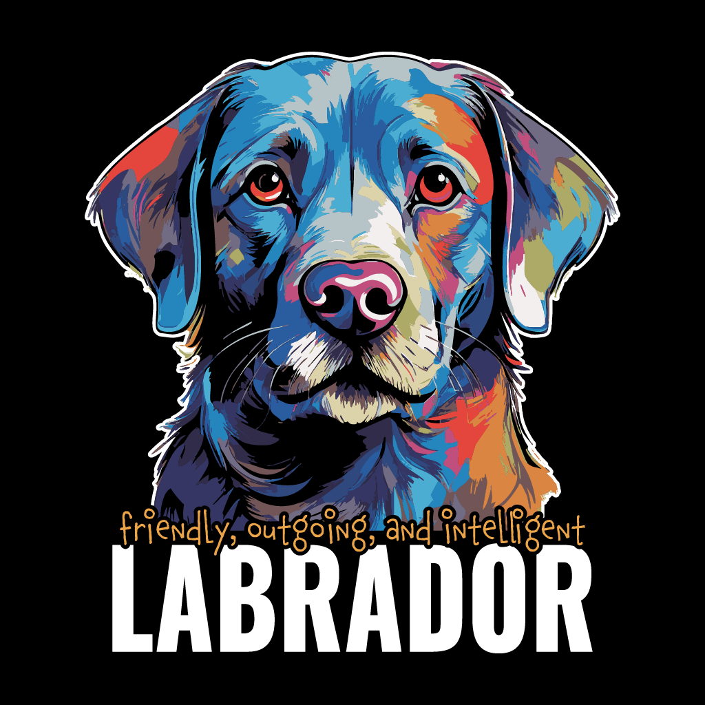Colorful Labrador illustration with text on a black background