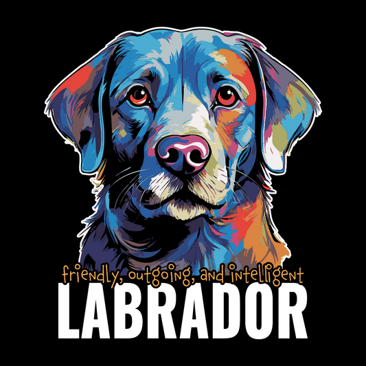 Colorful Labrador illustration with text on a black background