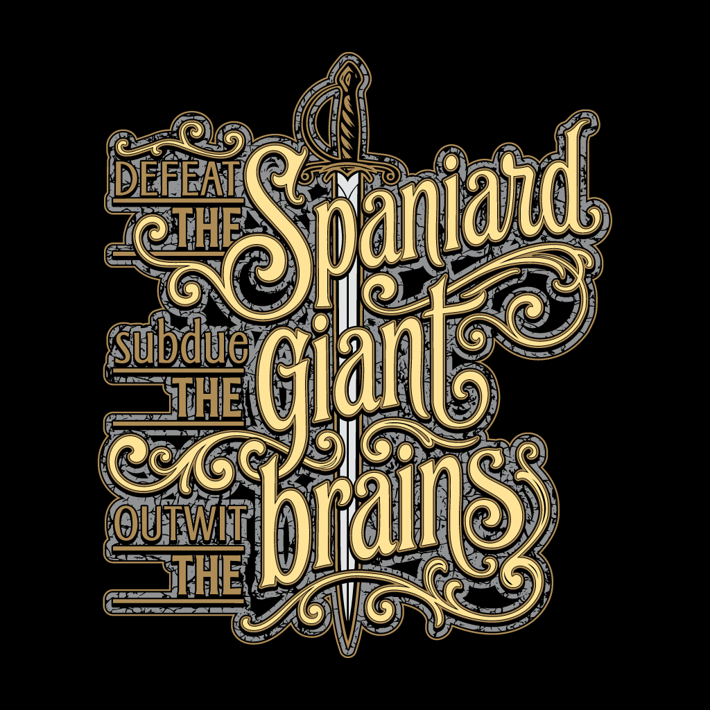 Decorative text with sword design on a black background