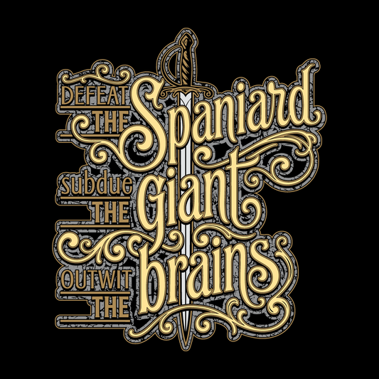 Decorative text with sword design on a black background