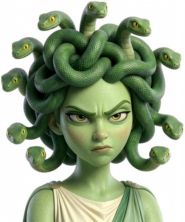 Medusa statue with multiple snake heads on a white background